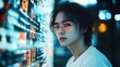 © QuietWord - young Asian man wearing futuristic glasses with mathematical futuristic background