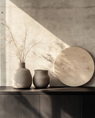 Poster - Minimalist interior with vases and dried flowers in soft sunlight