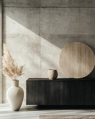 Aufkleber - Minimalist decor with vases and wooden plate casting shadows on a textured wall