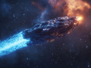 Wall Mural - luminous asteroid with crystalline surface details streaking through starlit sky, trailing blue-oran