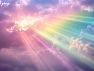 Wall Mural - mystical celestial landscape with aurora borealis colors, ethereal light rays piercing clouds, creating divine atmospheric phenomenon