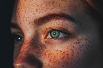 Wall Mural - Close-up of young female with freckles and blue eye in natural light