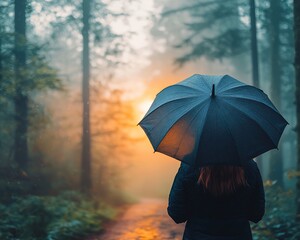 Wall Mural - Woman with umbrella walking in misty forest at sunset.