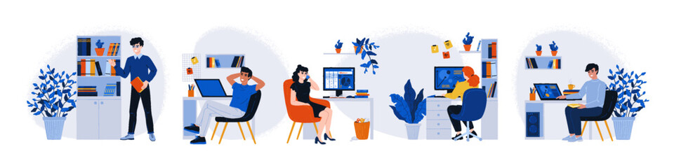 Aufkleber - Work people. Office workspace. Man and woman using laptop. Professional freelance worker. Employee at computer. Businessman sitting or chair. Workplace interior. Vector job concepts set
