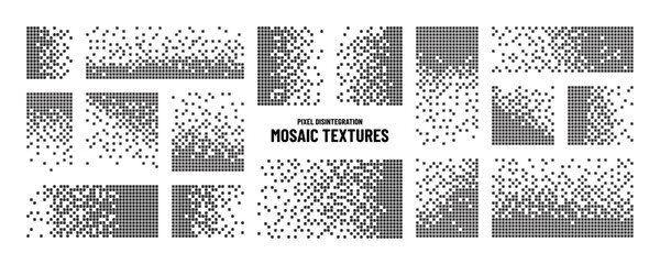 Aufkleber - Pixel background. Mosaic dot pattern, space graphic texture effect for dissolve and rectangle design. Square shapes. Monochrome black and white grid. Gradient texture. Vector abstract set