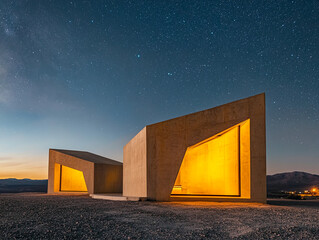 Aufkleber - Modern concrete architecture illuminated at night under the starry sky