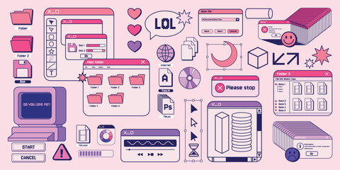 Fototapete - Y2k stickers. Retro vaporwave design. 2000s window aesthetic or kitsch psychedelic art. 90s web PC button. Error message. Document folder. Dashboard icons. Vector browser elements set