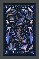 Wall Mural - potion tarot cover. mystic card design. witch hand, snake and potion. mushroom and occult crystal. m