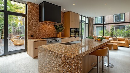 Wall Mural - Modern kitchen interior with island, garden view, and open living space