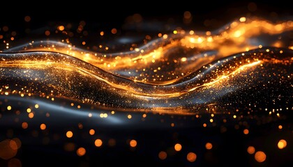 Poster - Abstract background of shimmering golden waves with sparkling particles flowing elegantly, creating a mesmerizing and luxurious atmosphere for artistic inspiration and design use.