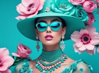 Wall Mural - Vibrant fashion portrait of a woman in a turquoise hat surrounded by pink flowers