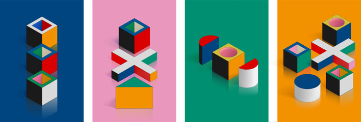 Poster - Isometric shape. Abstract poster design for school. Figures stack. Geometry cover with flat square or geometric graphic art. Cylinder and cross composition. Cube shadows. Vector cards set