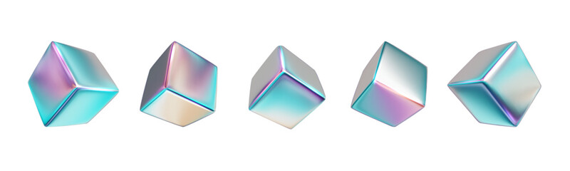 Poster - Chrome holographic 3d cubes set PNG. Futuristic holographic shapes in various projections, realistic collection.