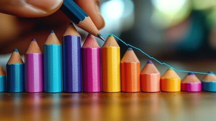 Poster - Colorful Pencils Forming a Decreasing Graph, Illustrating a Downward Trend in Business or Market Data