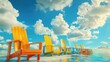 © Business Pics - Colorful beach chairs under the sunny sky, blue sky, white clouds, summer vacation, holiday vacation, seaside, leisure time, weekend, vacation, graduation season, travel, retirement life, enjoy life,
