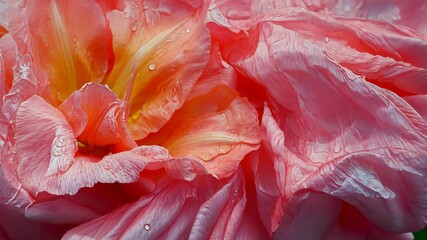 Wall Mural - Close-up of vibrant pink tulip petals with droplets of water glistening in morning light in a garden setting