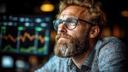 Poster - Contemplative Man Analyzing Financial Data on Computer Screen