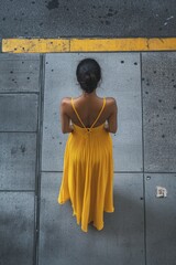 Wall Mural - Woman in yellow dress on sidewalk