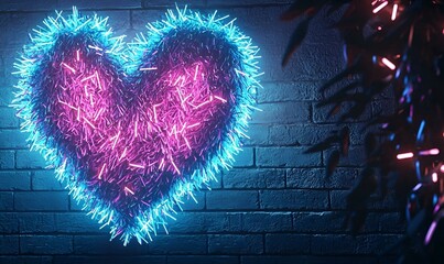 Poster - Glowing Neon Heart on Dark Canvas, a vibrant heart illuminated in neon colors, contrasting against a deep, shadowy backdrop, exuding warmth and energy.