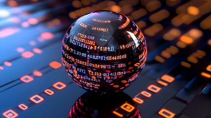 Poster - Glowing Abstract Data Sphere, vibrant energy radiating from a spherical form, enveloped by intricate binary patterns, symbolizing digital connectivity.