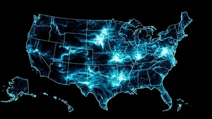 Poster - Illuminated Map of the United States, vibrant blue hues, highlighted regions, showcasing geographical data and insights for analysis