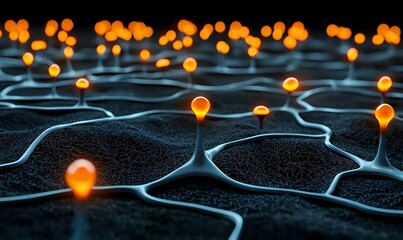 Poster - Futuristic Network Landscape, a digital realm showcasing intricate connections between data points, vibrant colors illuminating a complex web of information.