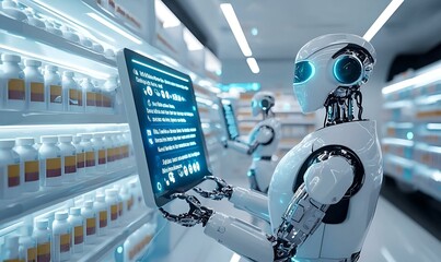 Poster - Futuristic Pharmacy Concept, an advanced healthcare space featuring robotic assistants, sleek design, interactive technology, and a focus on efficiency.