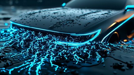 Poster - Neon Dreamscape, an intricate fusion of abstract shapes and glowing blue lines, evokes a vibrant, futuristic atmosphere and imaginative exploration.