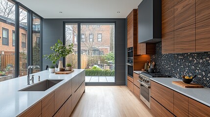 Wall Mural - Modern kitchen with island, city view, backyard access