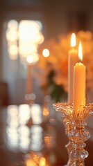 Wall Mural - Two lit candles in crystal candleholder on table.