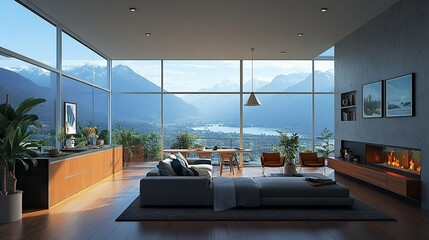 Poster - Modern living room, mountain view, fireplace, morning light