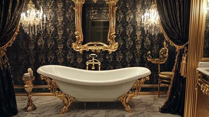 Wall Mural - A luxurious bathroom with a large white bathtub and gold accents. The room is dimly lit and has a sense of opulence