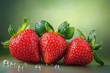 Wall Mural - Fresh red strawberries with vivid green leaves and water droplets on a soft green background create a vibrant display of natures bounty