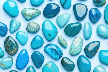 Sticker - Polished turquoise gemstones in various shades arranged on a soft blue background create an artistic composition for decorative purposes