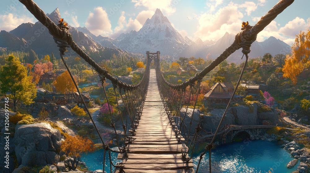 Lush mountain valley with a suspension bridge leading to a village ...