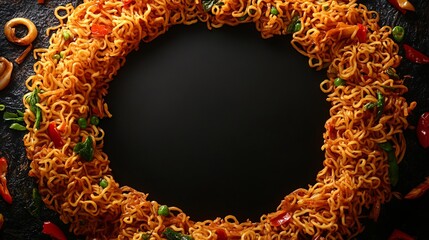 Wall Mural - Artistic Arrangement of Delicious Noodles Forming a Perfect Circle on a Rustic Wooden Table Surface