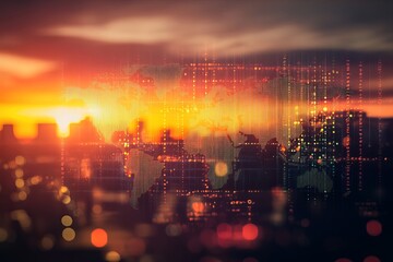 Poster - Global Network Digital World Map Sunset Cityscape Background Abstract Technology Innovation Digital Data Visualization Orange Yellow Modern Business Graphic Design       