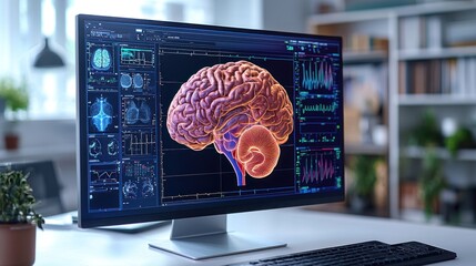 Aufkleber - Detailed 3D Brain Model on a Modern Computer Screen in a Technologically Advanced Office Setting