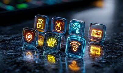 Poster - 3D Glassmorphism Icon Set, vibrant collection of translucent icons, modern web design elements, sleek shapes, colorful gradients, user-friendly interface