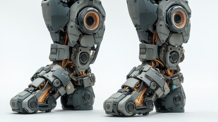Poster - Detailed Close-up of Advanced Robotic Legs Against White Background