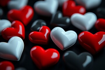 Poster - Red White Black Glossy Hearts Romantic Love Valentine Day Design Background Shiny Decoration Abstract Heartshaped Objects Sweetheart  Celebration Festive Romance 3d mood 