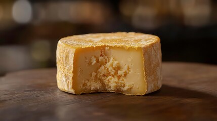 Aufkleber - Close-up of a halved round cheese on a wooden board.