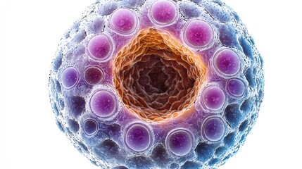 Poster - Detailed Microscopic View of a Cell with Intricate Internal Structures and Organelles Rendered in Shades of Purple, Orange, and Blue Against a Bright White Background