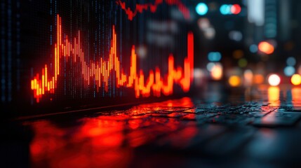 Poster - Dramatic Nighttime Stock Market Graph Reflection in City