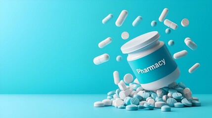 Poster - Floating medicine bottles in a vibrant, abstract arrangement, symbolizing innovation and the evolution of healthcare solutions.