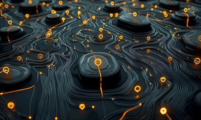 Poster - Illuminated Global Network Map, a vibrant digital representation showcasing interconnected data points across continents, highlighting technological advancements.