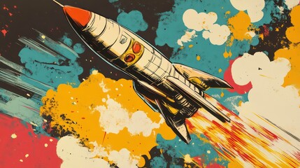 Poster - Retro rocket ship soaring through vibrant space, exploding with color and energy.