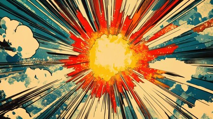 Poster - Vibrant comic book explosion with radiating lines and clouds.