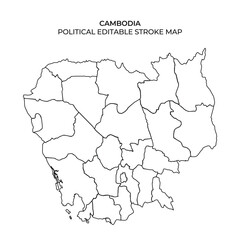  Outline of Cambodia showing its political divisions, perfect for educational and design purposes. The stroke map highlights provinces and borders for easy editing and customization.