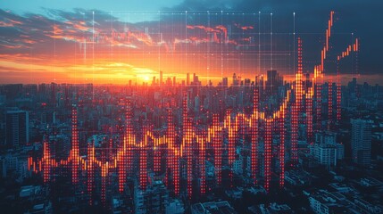 Aufkleber - Dynamic Cityscape at Sunset with Overlay of Financial Market Data